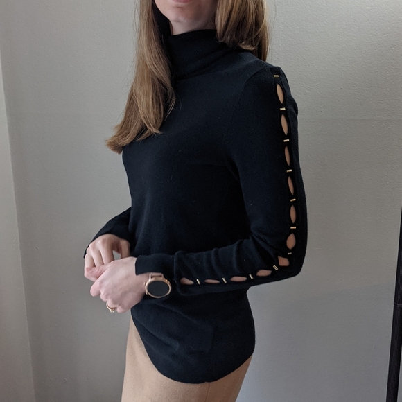MICHAEL KORS Black Turtleneck Gold Sleeve Open Detail Sweater Small - Picture 8 of 8